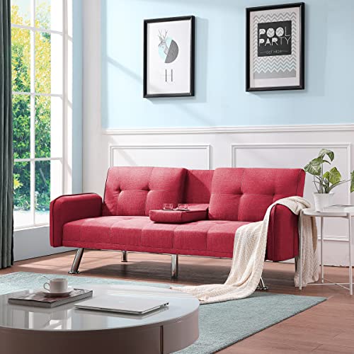 Lch Convertible Sofa Adjustable Couch Sleeper Modern Faux Leather Home Recliner Reversible Loveseat Folding Daybed Guest Bed, Removable Armrests，Cup Holders, 3 Angles, Red #TOP2