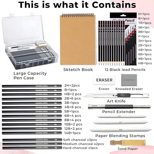 Image of Sketch Pencil Set, Drawing Pencil Set and Shading Pencils Set for Artists, Perfect Sketching Kit of Charcol Pencils and Shading Art with Carry Box and A5 Sketch Book (61 Pcs)