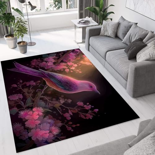 Tapis cerisier en fleurs oiseau rose violet grand format lavable machine