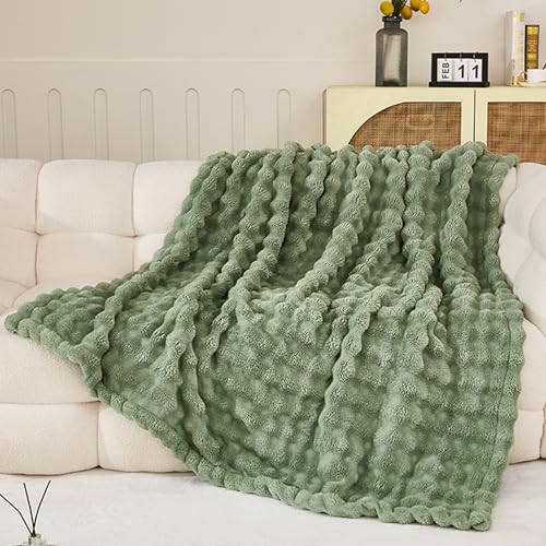Image of PU MEI Fleece Blanket - Throw Blanket for Couch 60"*80" Sage Green, Luxury Bubble Fluffy Throws Plush Twin Cozy Soft Warm Fuzzy Extra Large Blanket for All Season Use
