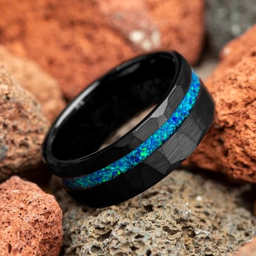 Men's Wedding Ring 8mm Black Hammered Tungsten Blue & Green Opal Inlay – Comfort Fit Mens Wedding Band with Antique Wooden Ring Box3