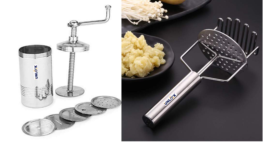 UNLOCK™ Chakli Maker/Idiyappam Press/Murukku Machine/Sev Machine with 6 Jali & Hand Masher Stainless Steel(Mash for Dal/Vegetable/Potato/Baby Food/pav bhaji)