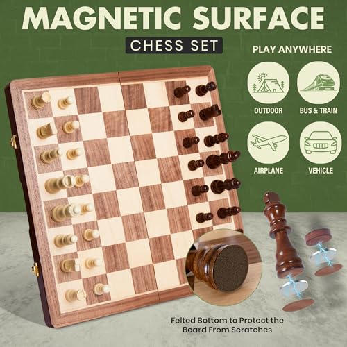 Juego de ajedrez y damas magnético plegable de madera 15'' miniatura 2