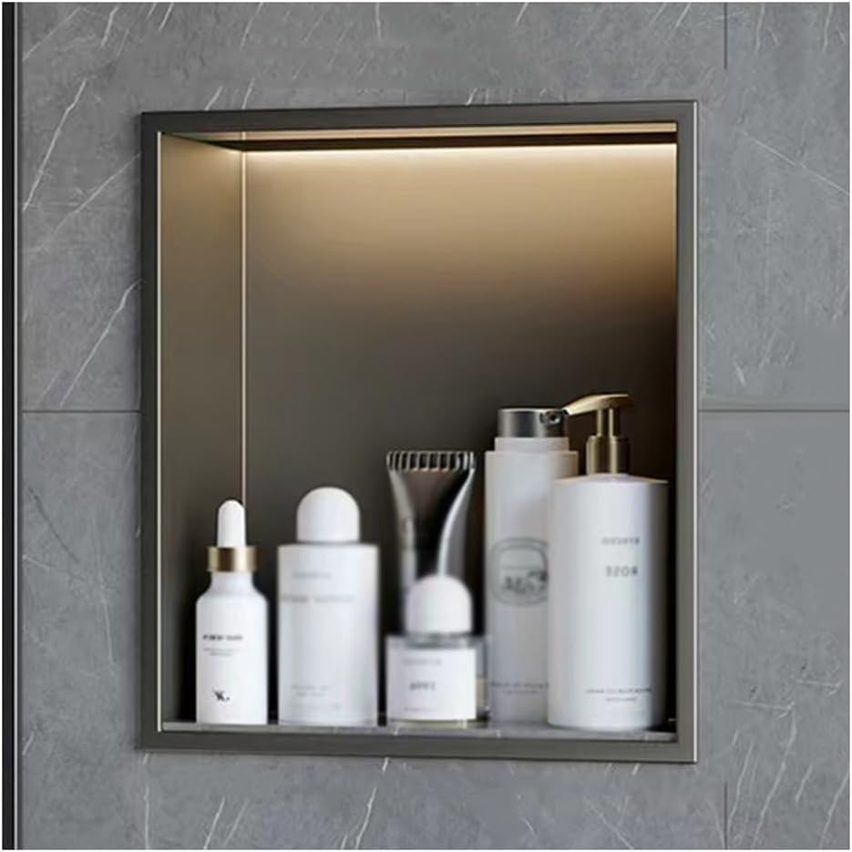 Nicho de Ducha Empotrado con luz LED de Acero Inoxidable: nicho de Pared Moderno para baño y Cocina, no Necesita Azulejos, Gris, 32x32x12,5 cm