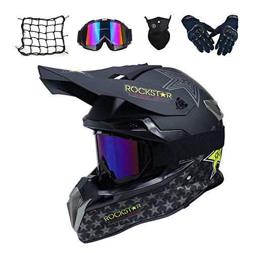 MRDEAR Casco Moto Cross Rockstar Casco Motocross con Occhiali/ Guanti/ Mascherina/ Rete Ragno Elastica, Adulto Casco MTB Integrale Downhill Enduro Offroad Sport con Fodera Rimovibile, 3 Stili,A,L