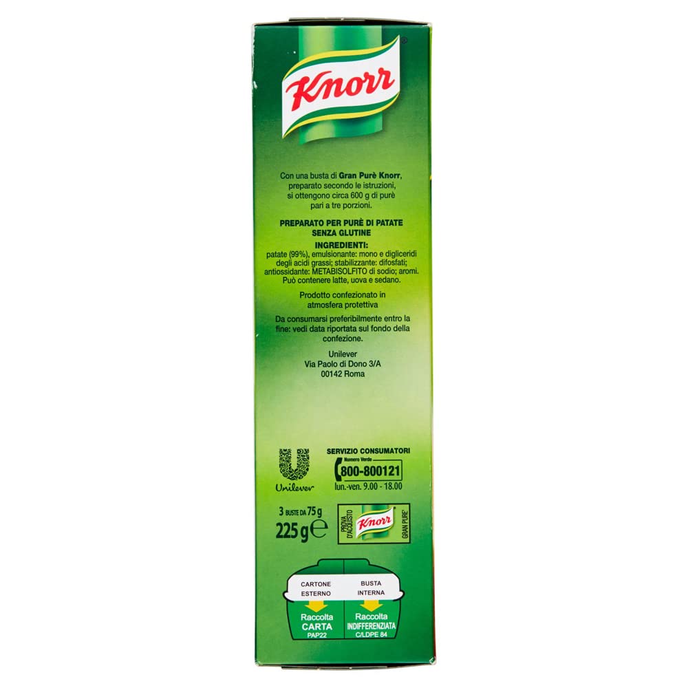 Knorr Gran Purè Cremoso e Delicato Preparado para puré de patatas sin gluten, 225 g (3x75 g)