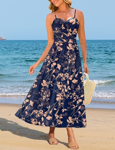 Image of Annebouti Women 2026 Summer Spring Ruched Maxi Dress Adjustable Spaghetti Strap Floral Beach Long Sundress with Pockets