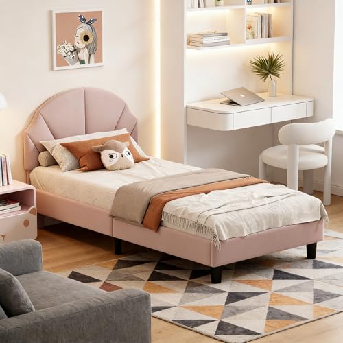 Aneutr Polsterbett 90x200 mit verstellbarem Kopfteil, Mädchenbett Kinderbett Prinzessin Bett für Mädchen, Gepolstertes Einzelbett Bettgestell mit Lattenrost, Samt, ohne Matratze (Rosa Samt, 90x200)