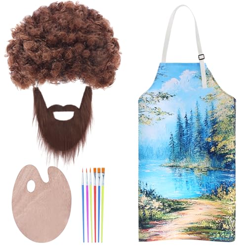Kyson 80's Painter Costume 10 Pcs Brown Afro Wig Fake Whiskers Aprons Painting Brushes Set for Halloween Couple Cosplay (Set B-4Pcs)