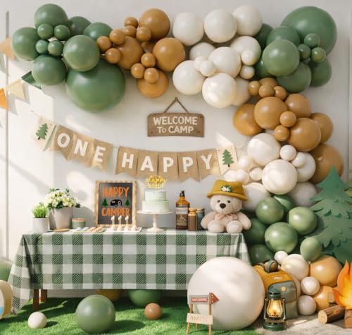 Image of Brown and Green Balloon Arch Kit for Boys One Happy Camper Camp Bachelorette Camping Birthday Outdoor Wild Adventure Party Decorations
