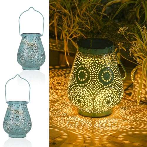 JOYCREATOR Solarlaterne für Außen 2 Stück, Marokkanische Solarlampen für Außen Garten Hängend/Stehen, IP65 Wasserdicht Solar Laternen Outdoor für Balkon Terassen Wand Tisch Weihnachtsgeschenke(Türkis)