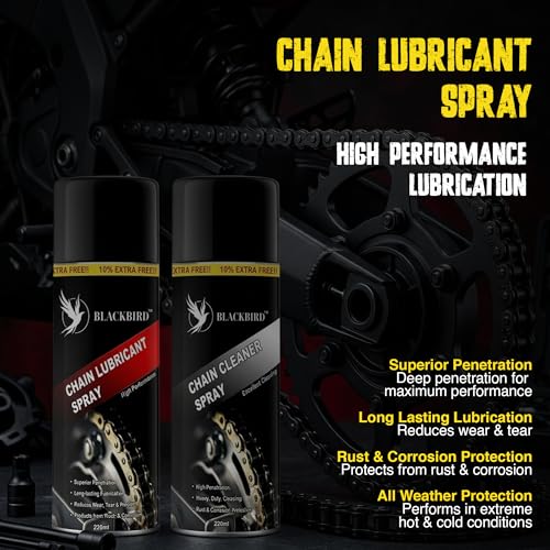Image of BLACKBIRD Bike Care Kit, 1 Pc Each - Chain Lube Spray 220ml, Chain Cleaner Spray 220ml & Chain Cleaning Brush - Motorcycle Cycle Chain Cleaner Lubricant Maintenance Combo
