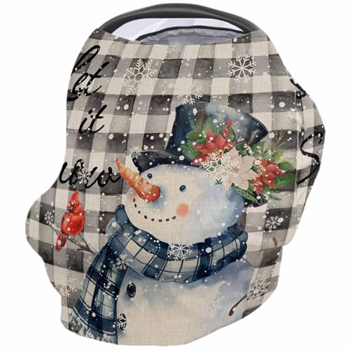 Nursing Cover for Breastfeeding Scarf, Retro Gray Plaid Smiling Snowman Snow Winter Baby Car Covers Super Soft Multi Use for Canopy Shopping Cart Cover Blanket Stroller Cover