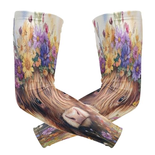 Kigai Flowers Highland Cow UV Sun Protection Arm Sleeves for Men Women Cooling Compression Sports Arm Sleeves Tattoo Cover Up