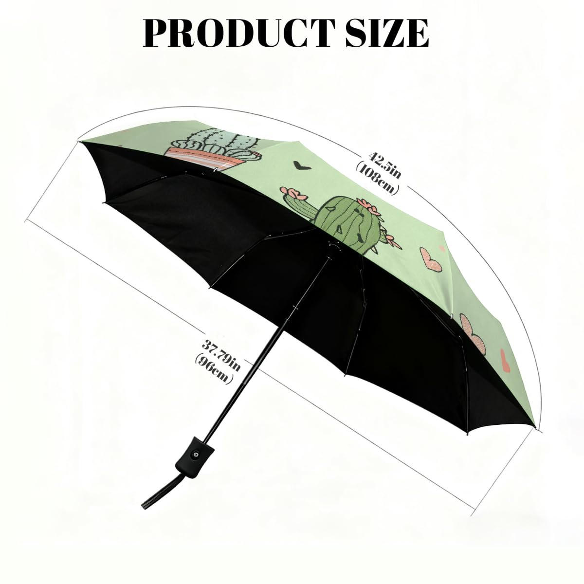 Carino Doodle Cactus Cuore Ombrello Pieghevole Ombrello Da Viaggio Compatto Antivento Impermeabile con Protezione UV Rivestimento Nero Leggero 8 Costine Portatile per Pioggia Sole