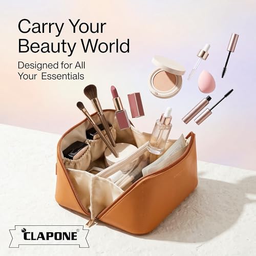 Image of Cosmetic Bag for Women, PU Leather Makeup Pouch, Large Capacity Travel Makeup Organizer with Divider & Handle, Waterproof Portable Vanity Storage Bag for Toiletries (Brown)