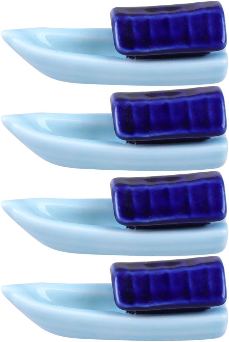 GALPADA Creative Japanese Style Ceramic Chopstick Rest Set, 4pcs Blue Boat Shape Holders for Tableware and Spoons, for Dining Table Decor and Housewarming Gifts