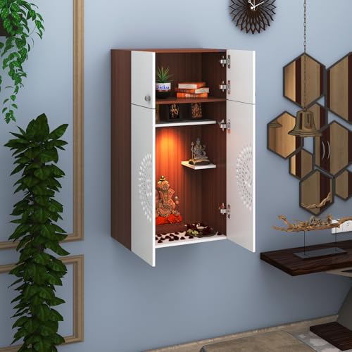 Image of Anikaa OMYA Engineered Wood Home Temple Wall Mount & Floor Standing Wooden Modern Pooja Mandir with LED Light, Om Laser Cut Design | Storage Cabinet with Hinge Doors (Walnut /White, DIY Installation)