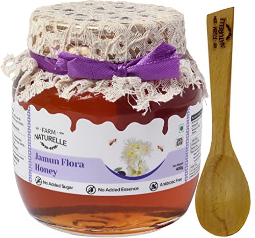 Image of Farm Naturelle Jamun Flower Wild Forest Honey 400g Extra |100% Pure Honey| Raw & Unfiltered|Unprocessed|Lab Tested Honey In Glass Jar with Extra Spoon