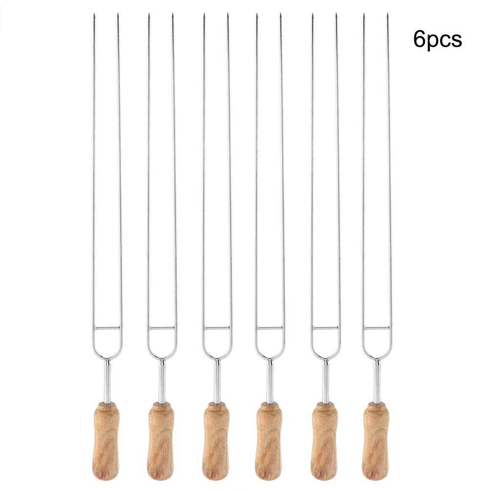 6pcs Fork lungo barbecue, acciaio inox doppio spiedino per barbecue, manico in legno riutilizzabile Spiedi barbecue bastoncini all'aperto per casa 40 cm