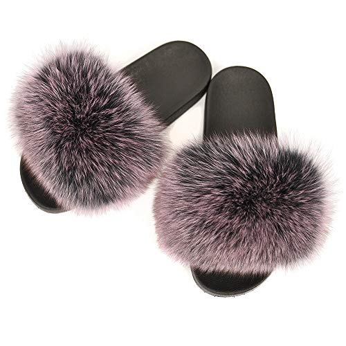 Jancoco Max Real Fox Fur Slides for Women - Furry Beach Sliders Indoor Outdoor Slippers Summer Flip Flop Sandals (Pink Frosted, US 9)