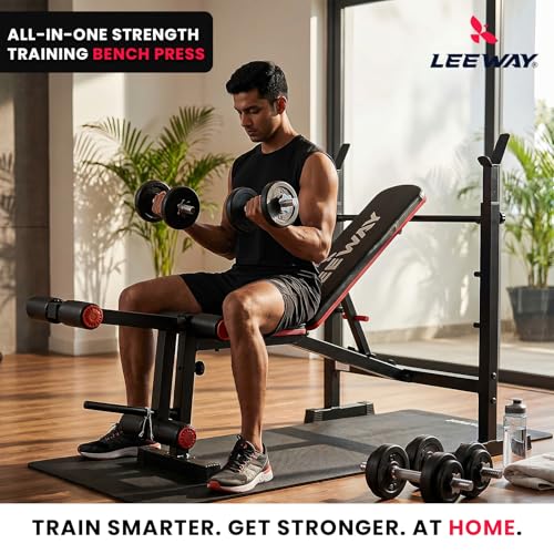 Image of Leeway LF100 Bench Press for Home Gym Setup | Adjustable Gym Bench for Home with Barbell Rack, Incline Decline Flat, Leg Curl Extension, 180 Kg Capacity Table (Black, Bench LF100, 1)