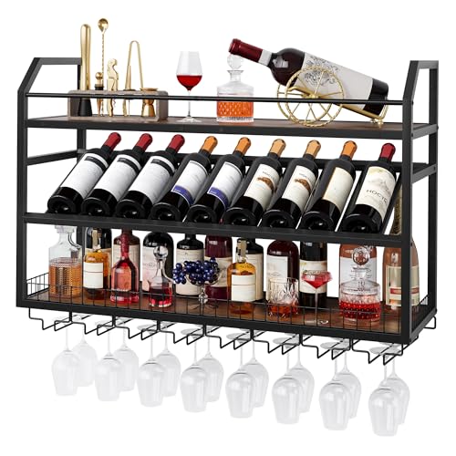 Image of Hoctieon Wall Mounted Wine Rack, 31.5 inch Wall Wine Rack for Display and Storage, Hanging Bottle Holder, for Living Room, Dining Room, Bar, Wine Cellar, Rustic Brown