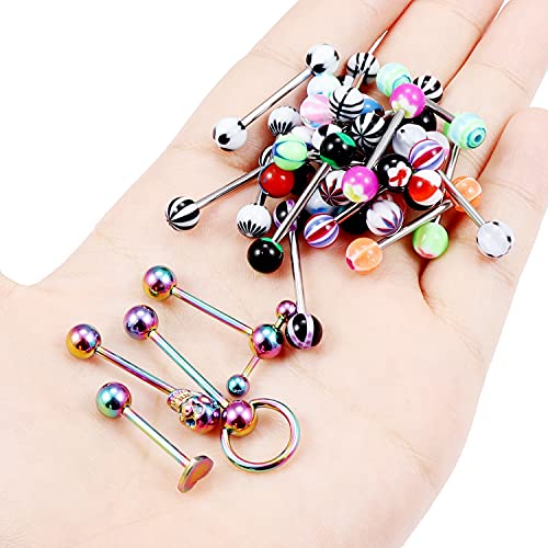 14G Silver/Rose-Gold/Rainbow Tongue Rings Piercing Jewelry for Women Men Work Surgical Steel Metal Tounge Barbell Acrylic Balls Set 29pcs4