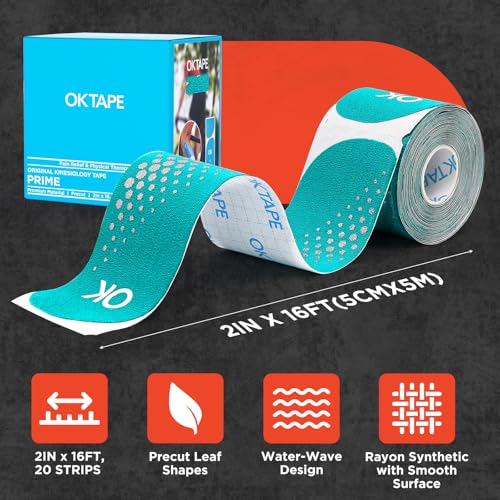 Image of OK TAPE Synthetic Kinesiology Tape Precut Strips, Waterproof Kinesiology Athletic Tape for Joint & Muscle Support, Reflective and Durable Tape, 2inx16.4ft Roll 20PCS | Blue and Green