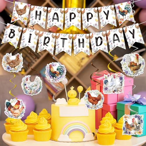 Image of Chicken Birthday Decorations Include Chicken Happy Birthday Banners Hanging Swirls Chick Farm Animal Birthday Theme Party Supplies