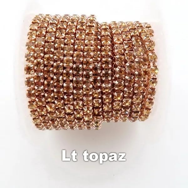 Champagne Gold Base Claw Glass Crystal Rhinestone Chain 5 Sizes 2Mm 2.5Mm 2.8Mm 3Mm 4Mm High Density Sew On Glue On DIY Trimming - (Color: Lt Topaz/Size: Ss6 2Mm 10 Yards)