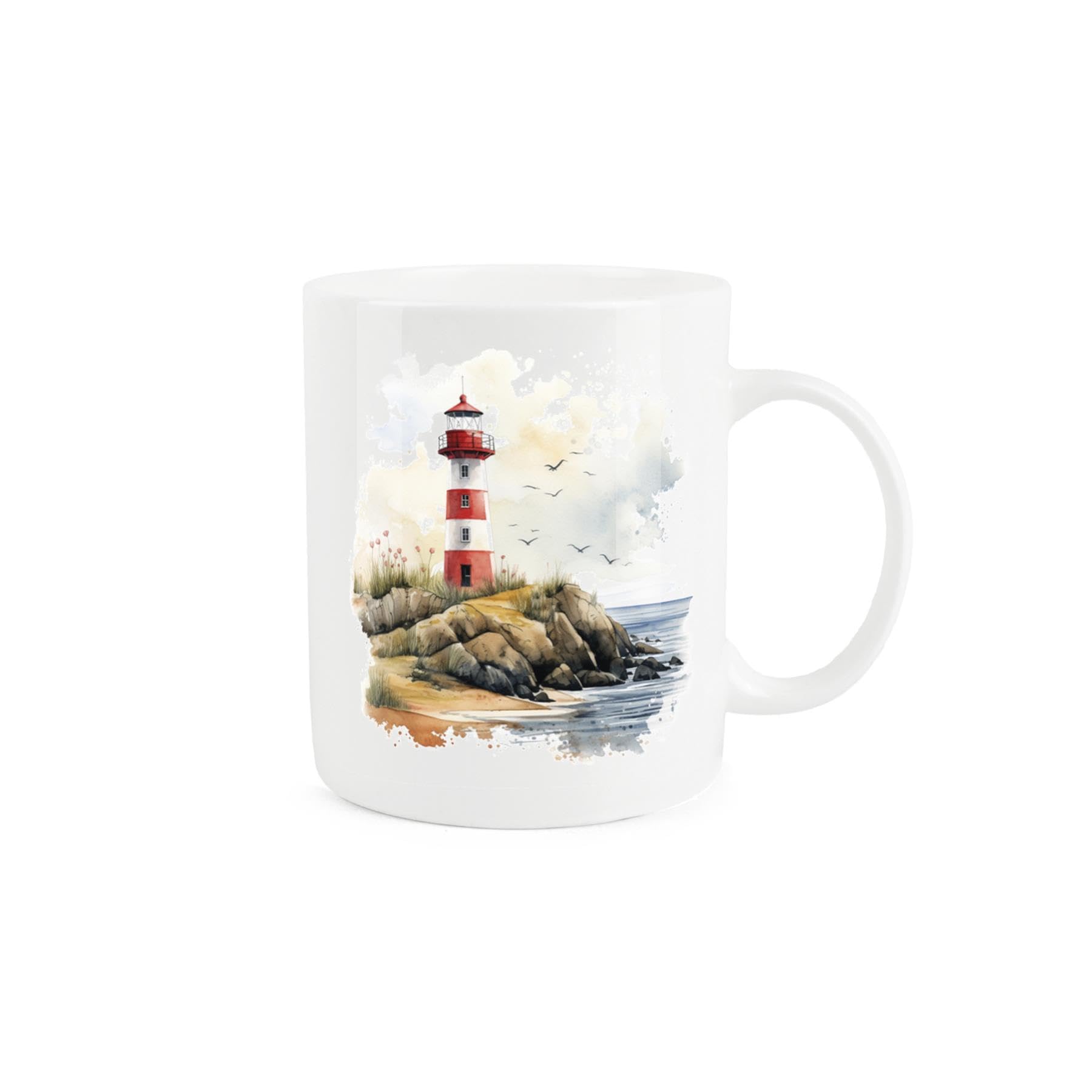 Purely Home Lighthouse Coast Seaside Mug - Painted Watercolour Calm Waters Lighthouse Scene Maritime Sailor Gift Present - Tea Coffee White Bone China Mug