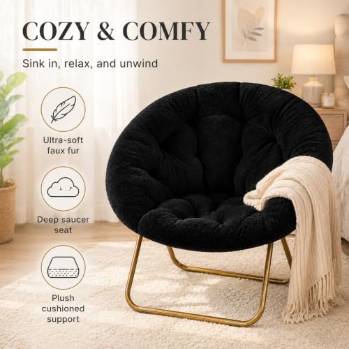 Image of Simple Deluxe Comfy Chairs for Bedroom, Faux Fur Saucer Chair for Adults, Oversized Comfy Soft Saucer Chair, Padded Lazy Chair for Living Room Dorm Rooms, Black