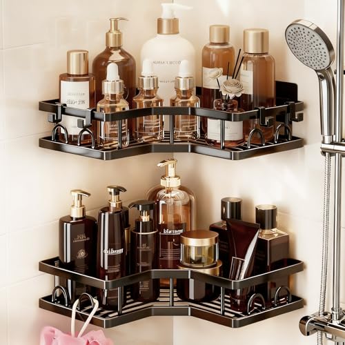 LINKINNO 2 Pièces Etagere Douche sans Percage, Etagere Salle Angle de Bain Support Rangement Organisation avec Crochets Accessoire pour Gel et Shampooing pour la Salle Bain Cuisine (Noir)