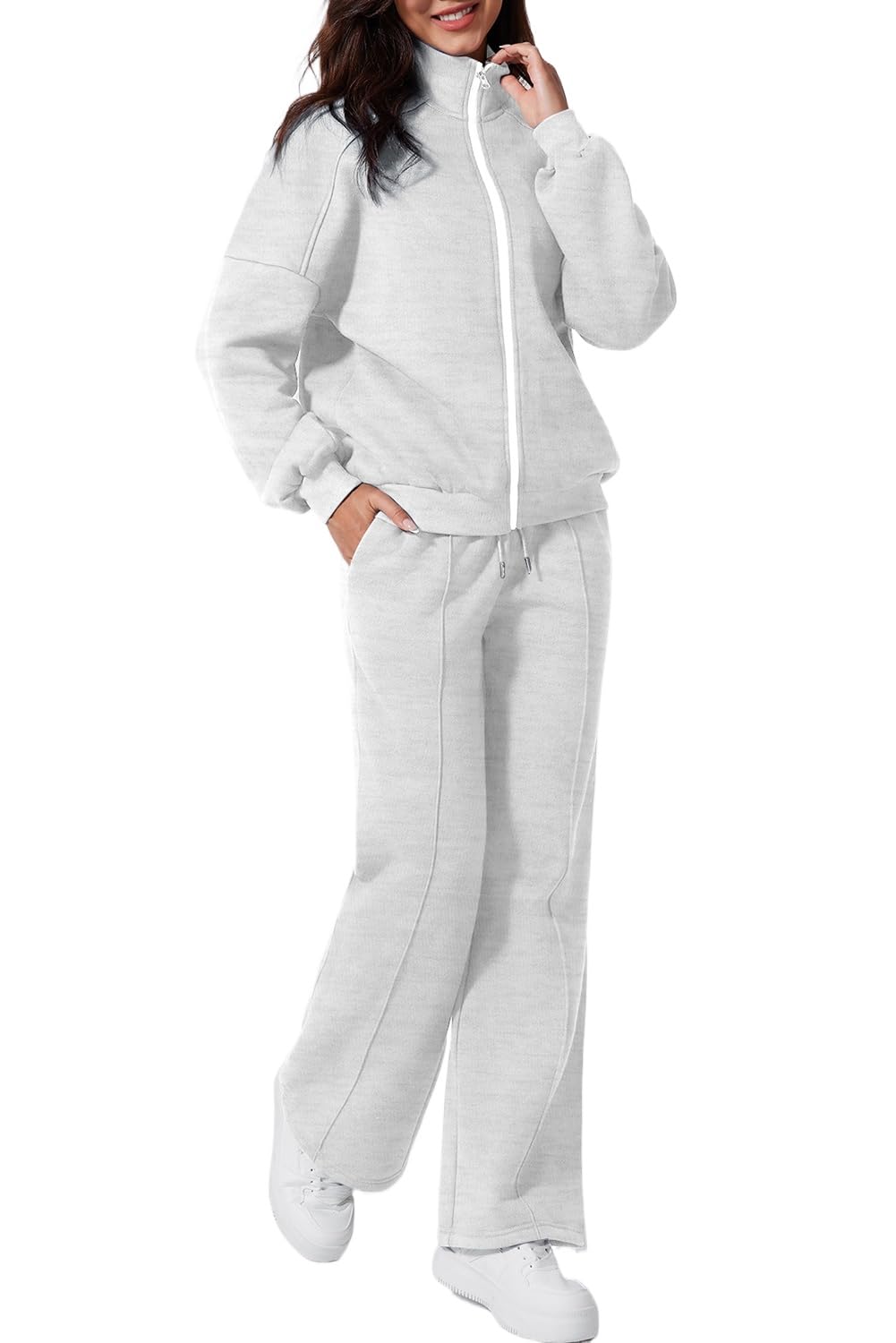 Womens Light Grey Drop Shoulder Zip Up Jacket and Drawstring Pants 2-Piece Active Set