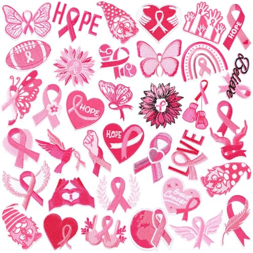 36pcs Pink Ribbon Patches,Self Adhesive Breast Cancer Awareness Embroidered Sew Applique Repair Patch Heart Butterfly Sunflower Rainbow DIY Crafts for Women Clothing Jacket Jeans Pants Dress