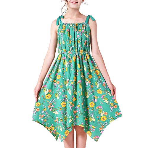 Sunny Fashion Girls Dress Green Flower Asymmetrical Hem Skirt Tank Dress