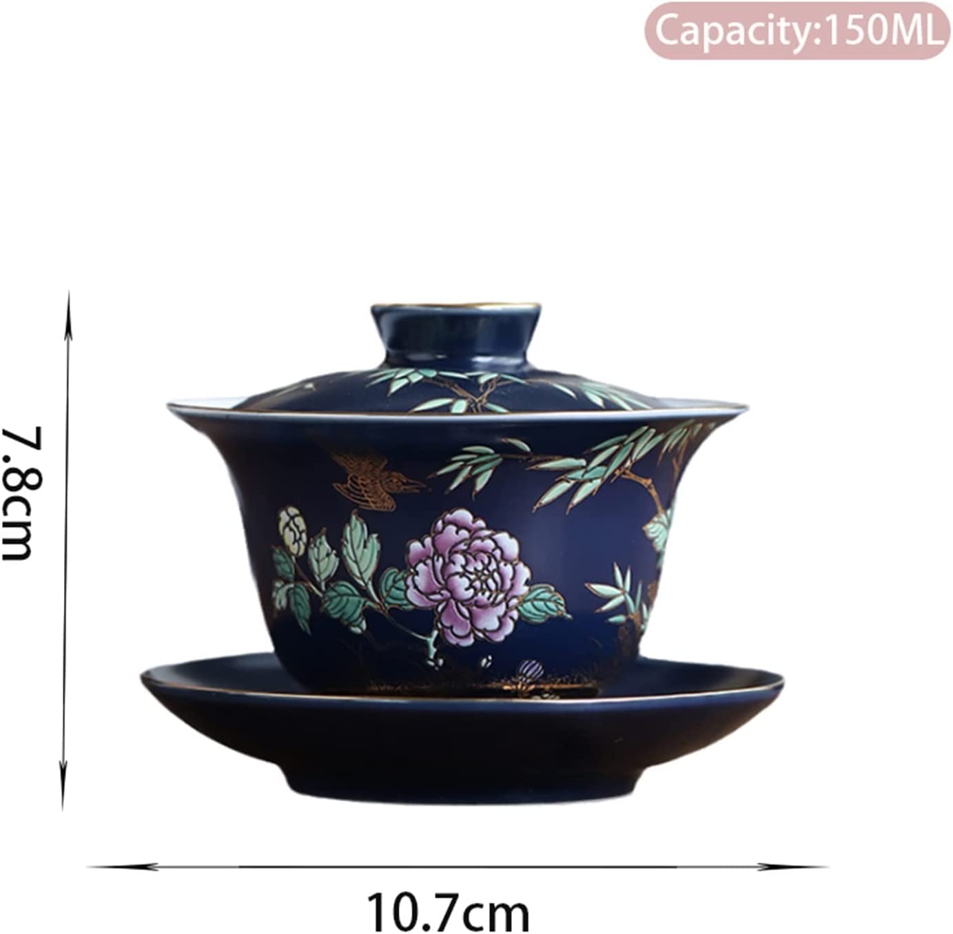 Ceramiczny gaiwan z ręcznie malowanymi kwiatami – 150 ml, tradycyjny chiński zestaw do herbaty Kung Fu, z przykrywką, przenośny, podróżny i domowy, do herbaty (10,7 x 7,8 cm)(B)