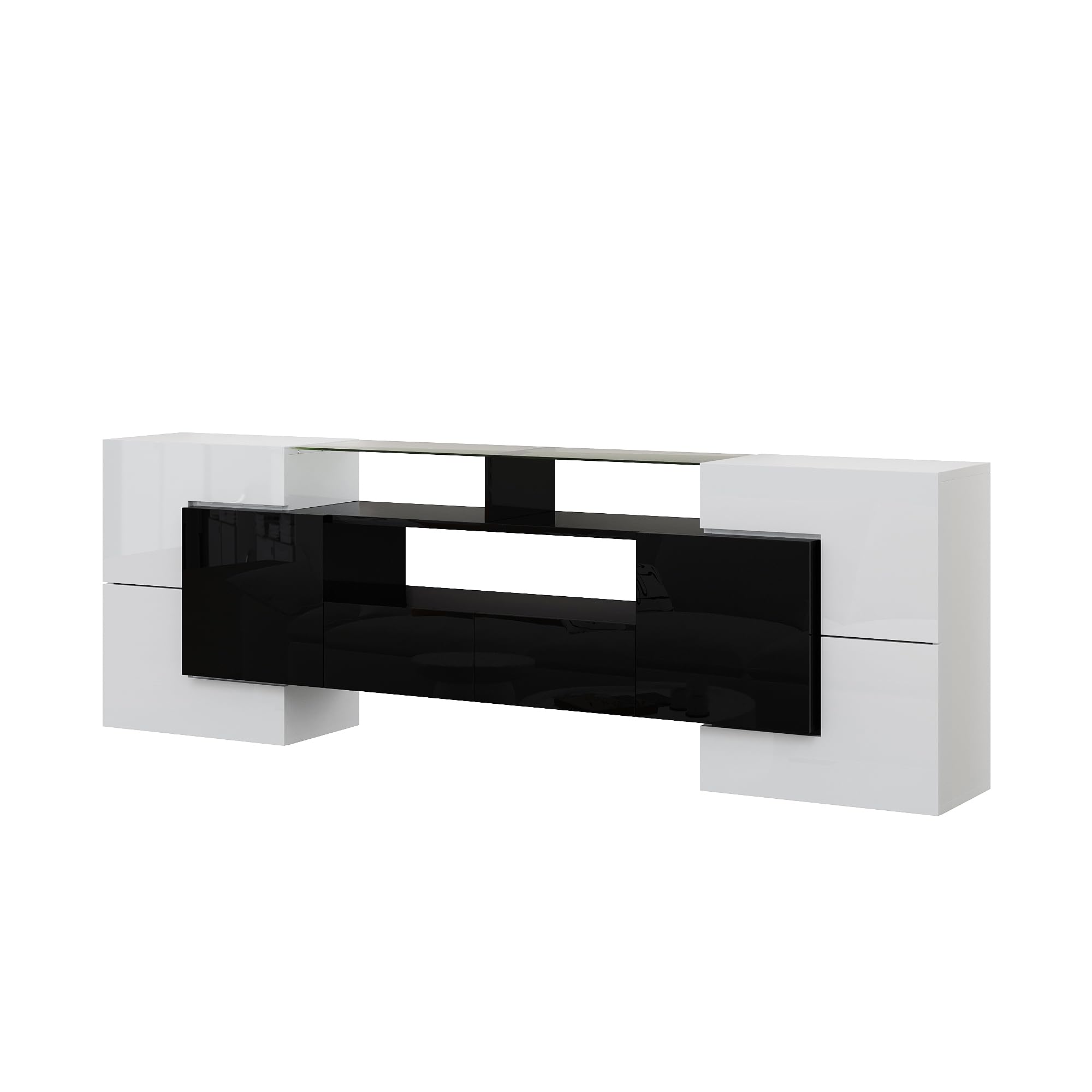 Lowboard per TV moderna, larghezza 200 cm, bianco lucido e grigio, con illuminazione LED RGB, 6 ante e 2 cassetti, armadietto multimediale (bianco+nero + MDF)
