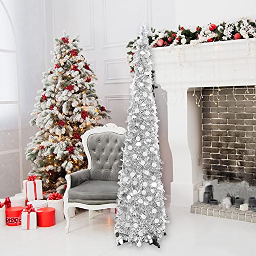Silver Christmas Tree, 5Ft Collapsible Pop Up Tinsel Christmas Tree For Holiday Party Xmas Decor, Home Office Farmhouse Fireplace Decoration, (Silver-1) #TOP4