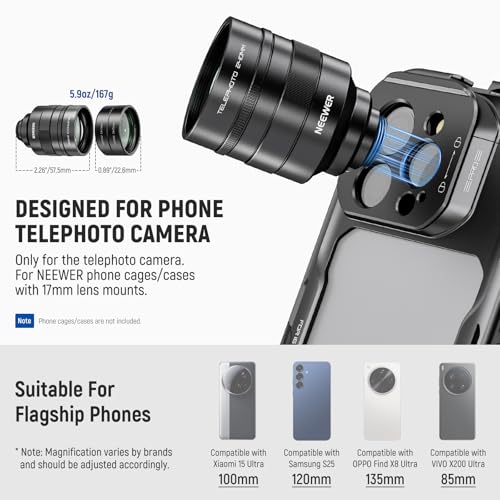 Image of NEEWER 2X Converter with 200mm & 300mm Macro Lenses for Phone Camera Telephoto Lens Only, 7 Elements in 5 Groups, 17mm Thread Compatible with iPhone Android Samsung Xiaomi Phone Cage /Case, LS-79