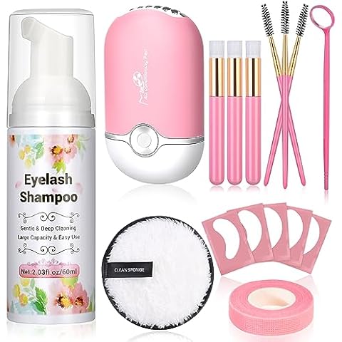 Lezmarket Lash Shampoo for Lash Extensions with Eyelash Fan Dryer, Gentle Eyelash Shampoo Foam, Eyelash Cleanser for Lash Wash, Lash Extension Kit for Beginners Cleaning Brush Professional & Self Cover