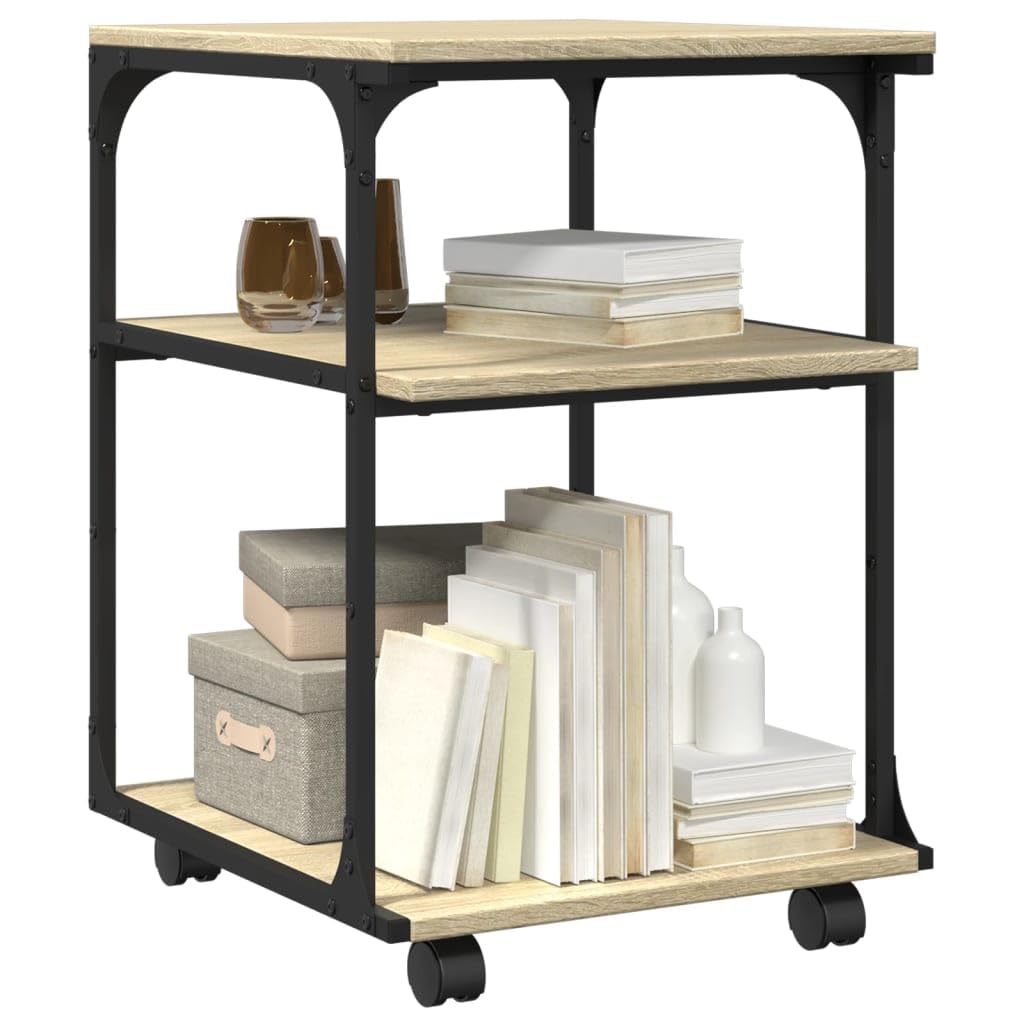 Tavolo per stampante con ruote, vassoio per stampante stabile, 3 ripiani, rovere Sonoma, 43 x 48 x 64 cm, in legno con telaio in acciaio, supporto per stampante mobile da ufficio con 4 ruote