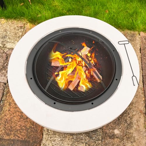 Image of Round Wood Burning Concrete Outdoor Fire Pit,35.43 inch Heat Resistant MGO Ceramic Material Base with BBQ Grill Firepit for Patio Garden,Backyard Barbecue,Outdoor Gatherings Light Gray (Grey 2)