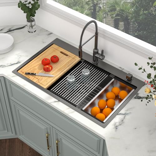 Image of Kichae 36 Black Kitchen Sink Drop In - 36x22 Drop Sink Gunmetal Black Stainless Steel 16G Single Bowl Kitchen Sinks Workstation Handmade Topmount Basin