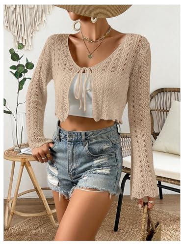 Image of Verdusa Women's Tie Front Crop Cardigan Bell Long Sleeve Scalloped Lightweight Knit Tops Summer Beach Cover Up