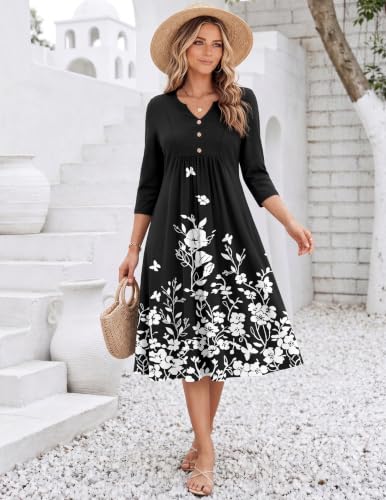 Image of Zeagoo Womens Dresses 3 /4 Sleeve Casual Fall A Line Midi Dress with Pockets