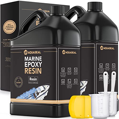 AQUASEAL 2 Quart Marine Epoxy Resin Kit | Fast Set Clear Epoxy Resin | Bar Top, Countertop, Table Top Epoxy Resin | 2-Part Combined Casting Resin Epoxy Kit Includes Cups, Spreader, Stirrer & Gloves