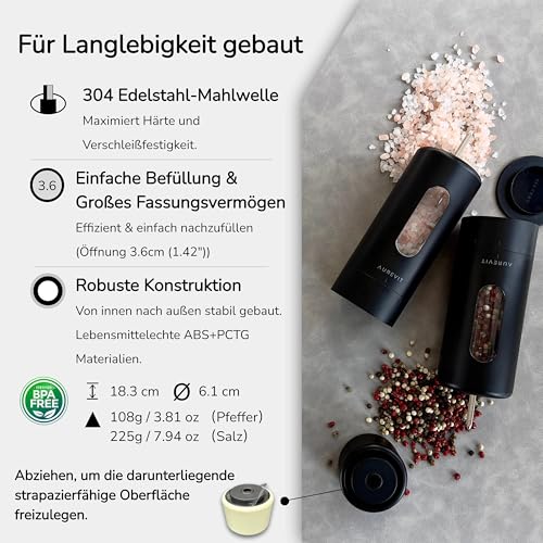 Aurevit Salz und Pfeffermühle Set Manuell, Pfeffer und Salzmühle mit Edelstahlkern & Keramikmahlwerk, Außenliegende Mahlgradeinstellung… – Ansicht 6