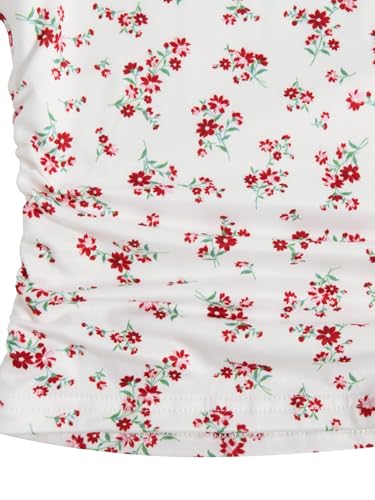 Image of RoseSeek Girl's Ditsy Floral Print Lace T Shirt Short Sleeve Ribbed Ruched Cute Tee Shirts Summer Tops